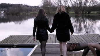 Public Piss Parade #23. Hot pantyhose, full bladders and cheeky giggles on the jetty!