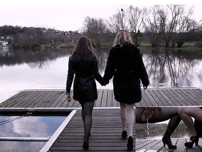 Public Piss Parade #23. Hot pantyhose, full bladders and cheeky giggles on the jetty!