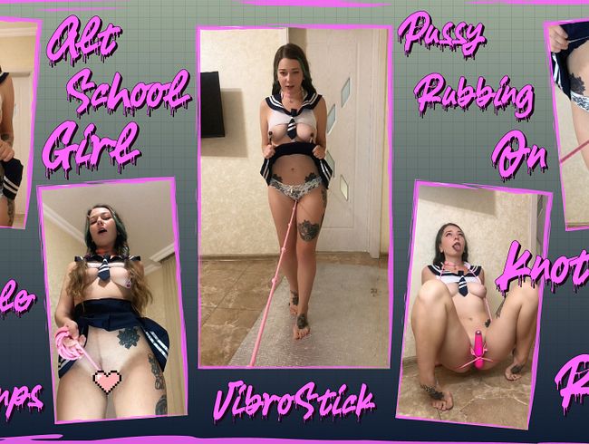 Alt School Girl Pussy Ribbing On Knotted Rope. Bondage, Nipple Clamps, VibroStick.