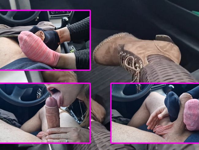 My socked feet give cock a sockjob in the car